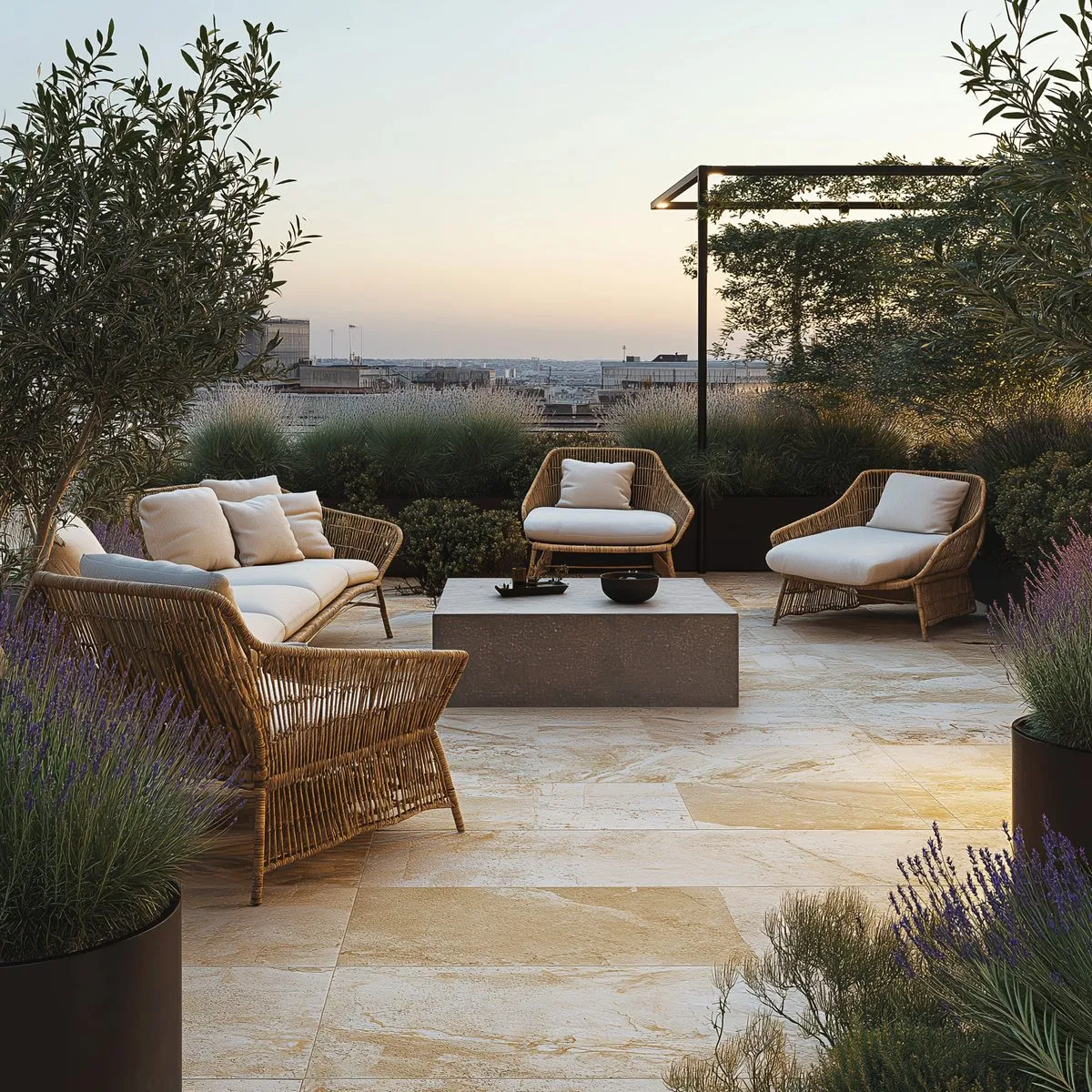 Green rooftop terrace at sunset