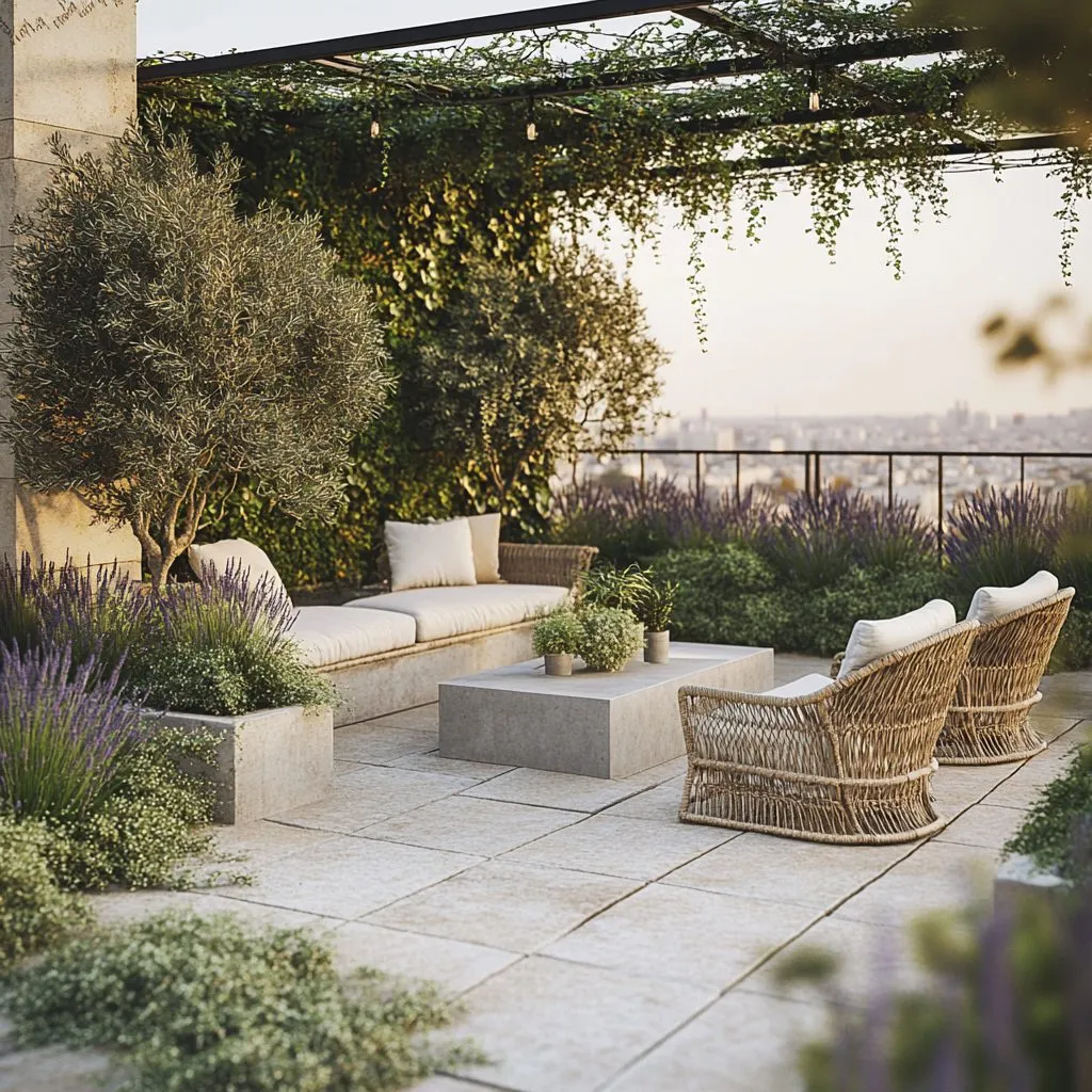 Detail view of a planted rooftop terrace