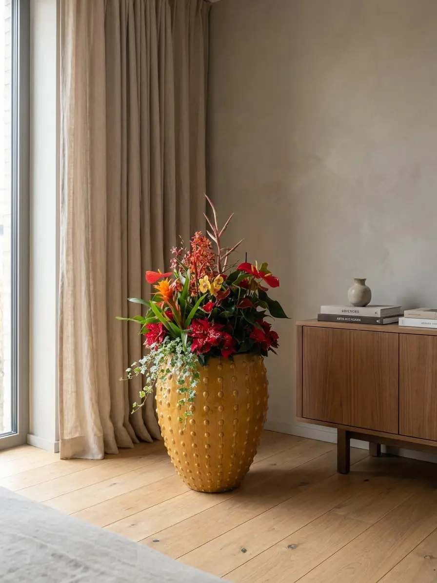 Interior with anthurium bouquet in sculptural vase on designer sideboard