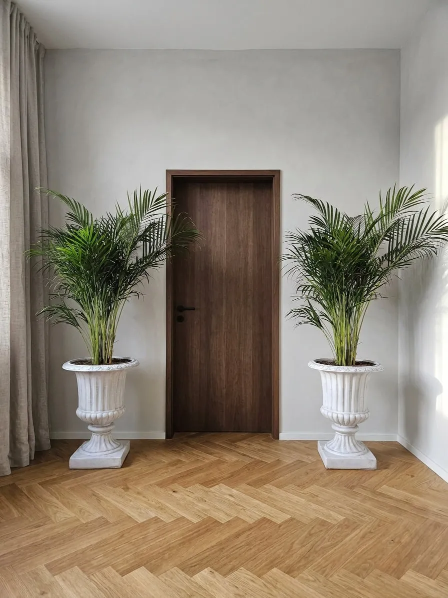 Classical reception area with symmetric areca plants in vases