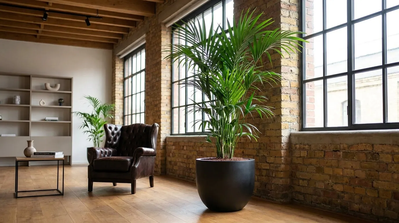 Industrial loft office with brick, Chesterfield and kentia palm