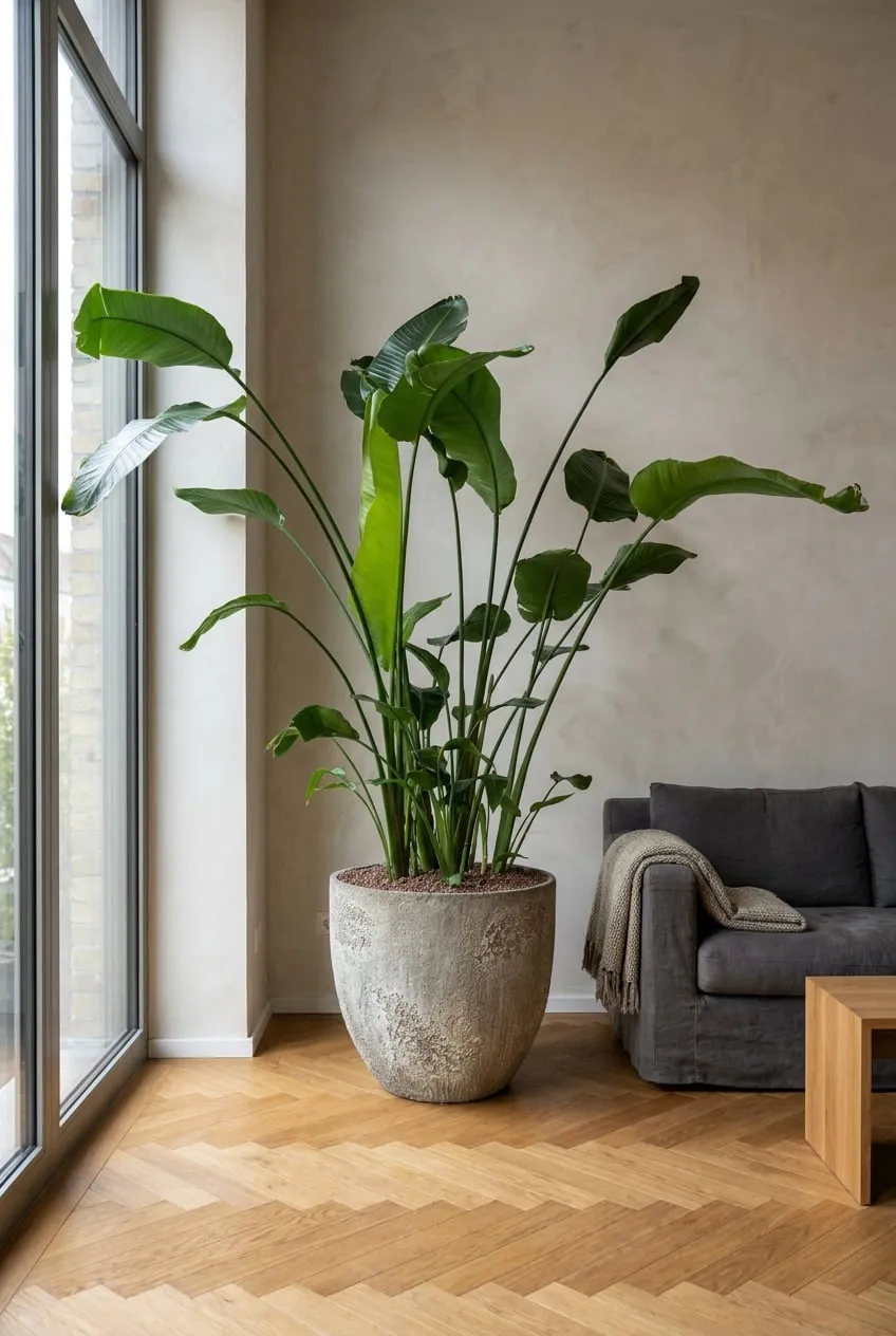 Strelitzia in beige sculptural vase on oak parquet