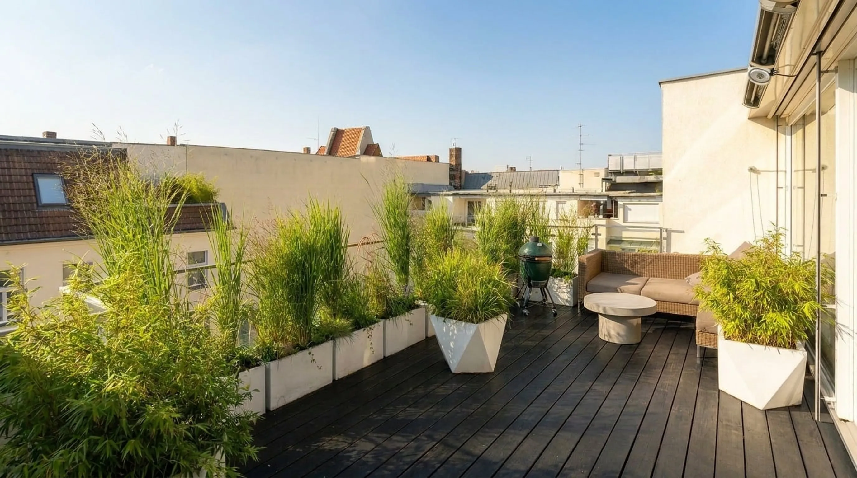 Rooftop terrace with curated subtropical planting and outdoor kitchen – Hong Kong lifestyle design